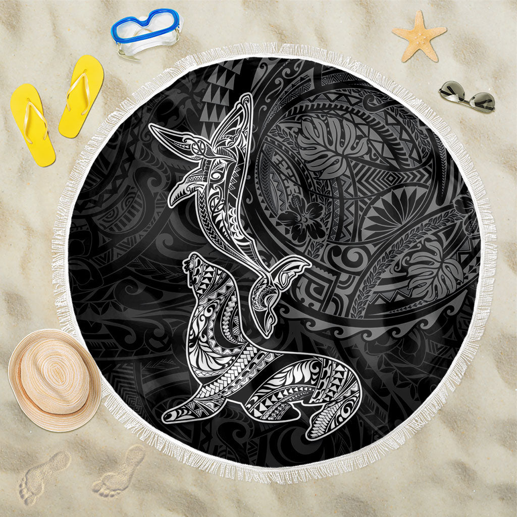 Hawaiian Monk Seal and Whale Beach Blanket Kakau Tribal Pattern Grayscale LT03 One Size 150cm Black - Polynesian Pride