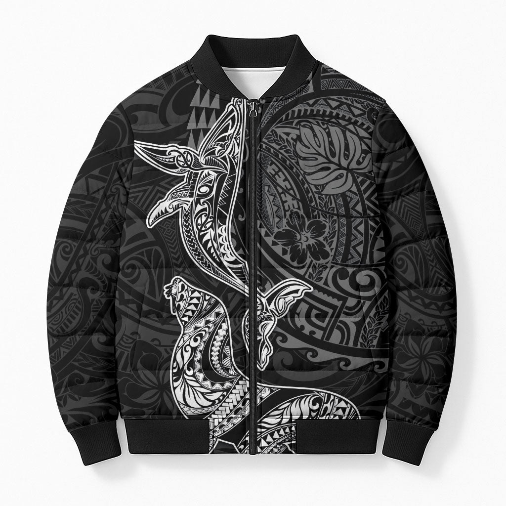 Hawaiian Monk Seal and Whale Bomber Puffer Jacket Kakau Tribal Pattern Grayscale LT03 Unisex Black - Polynesian Pride