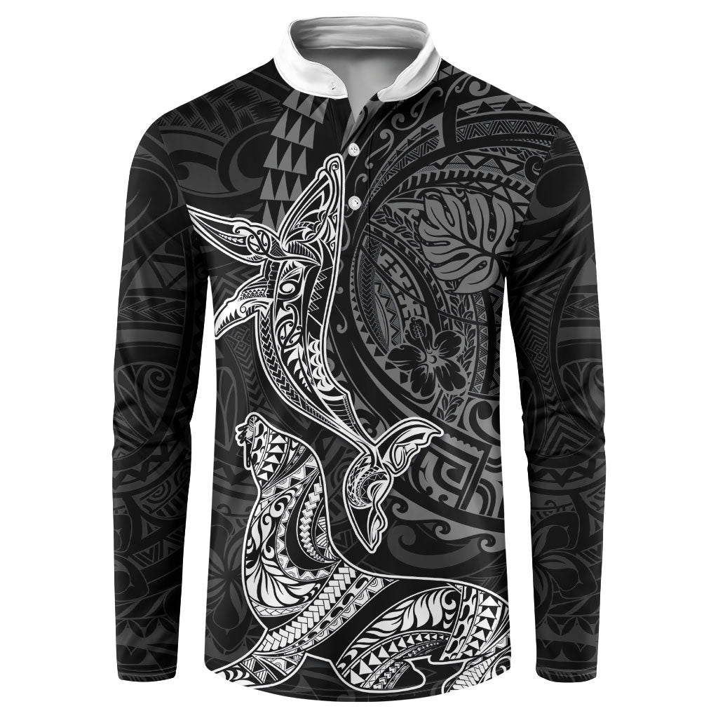 Hawaiian Monk Seal and Whale Button Sweatshirt Kakau Tribal Pattern Grayscale LT03 Black - Polynesian Pride
