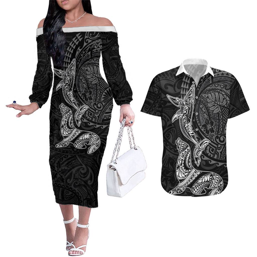 Hawaiian Monk Seal and Whale Couples Matching Off The Shoulder Long Sleeve Dress and Hawaiian Shirt Kakau Tribal Pattern Grayscale LT03 Black - Polynesian Pride