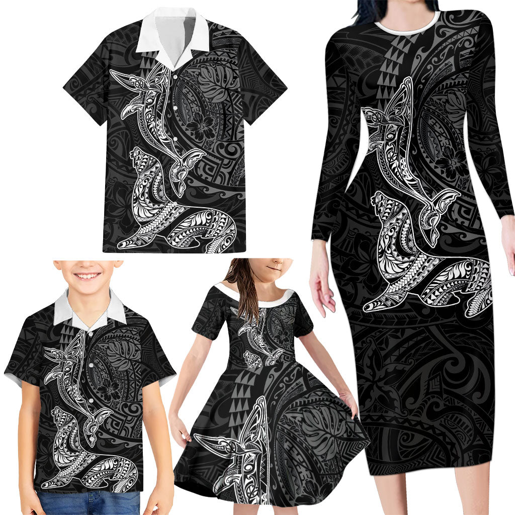 Hawaiian Monk Seal and Whale Family Matching Long Sleeve Bodycon Dress and Hawaiian Shirt Kakau Tribal Pattern Grayscale