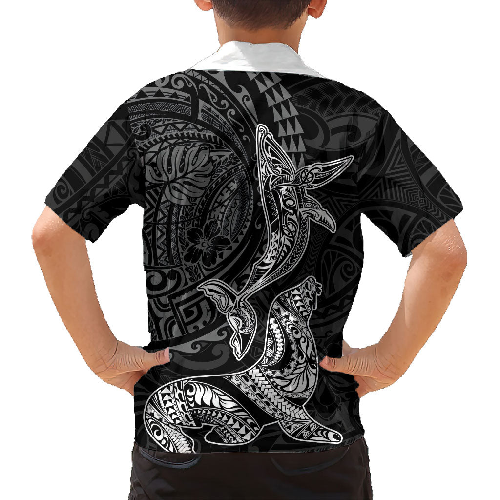 Hawaiian Monk Seal and Whale Family Matching Off Shoulder Short Dress and Hawaiian Shirt Kakau Tribal Pattern Grayscale LT03 - Polynesian Pride