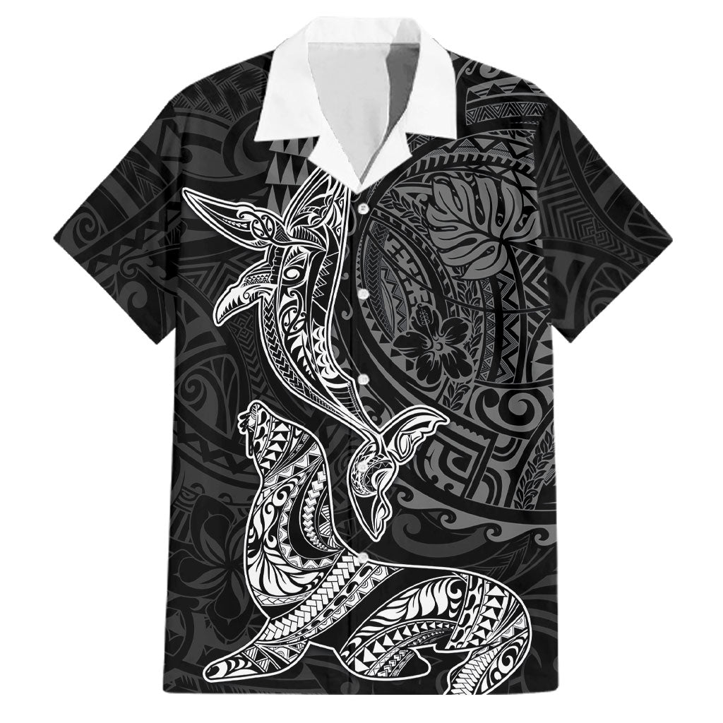 Hawaiian Monk Seal and Whale Family Matching Off Shoulder Short Dress and Hawaiian Shirt Kakau Tribal Pattern Grayscale LT03 Dad's Shirt - Short Sleeve Black - Polynesian Pride