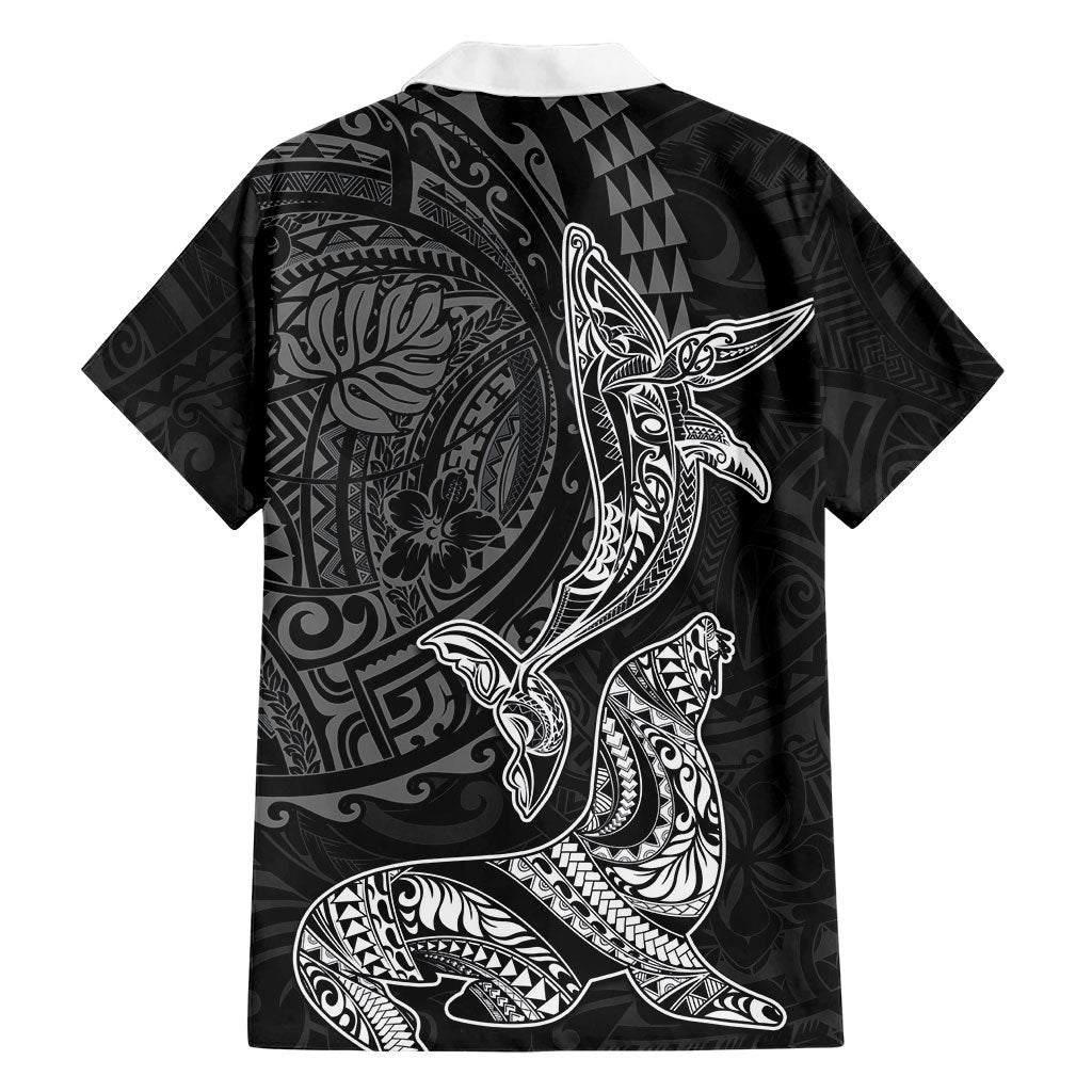 Hawaiian Monk Seal and Whale Family Matching Off Shoulder Short Dress and Hawaiian Shirt Kakau Tribal Pattern Grayscale LT03 - Polynesian Pride