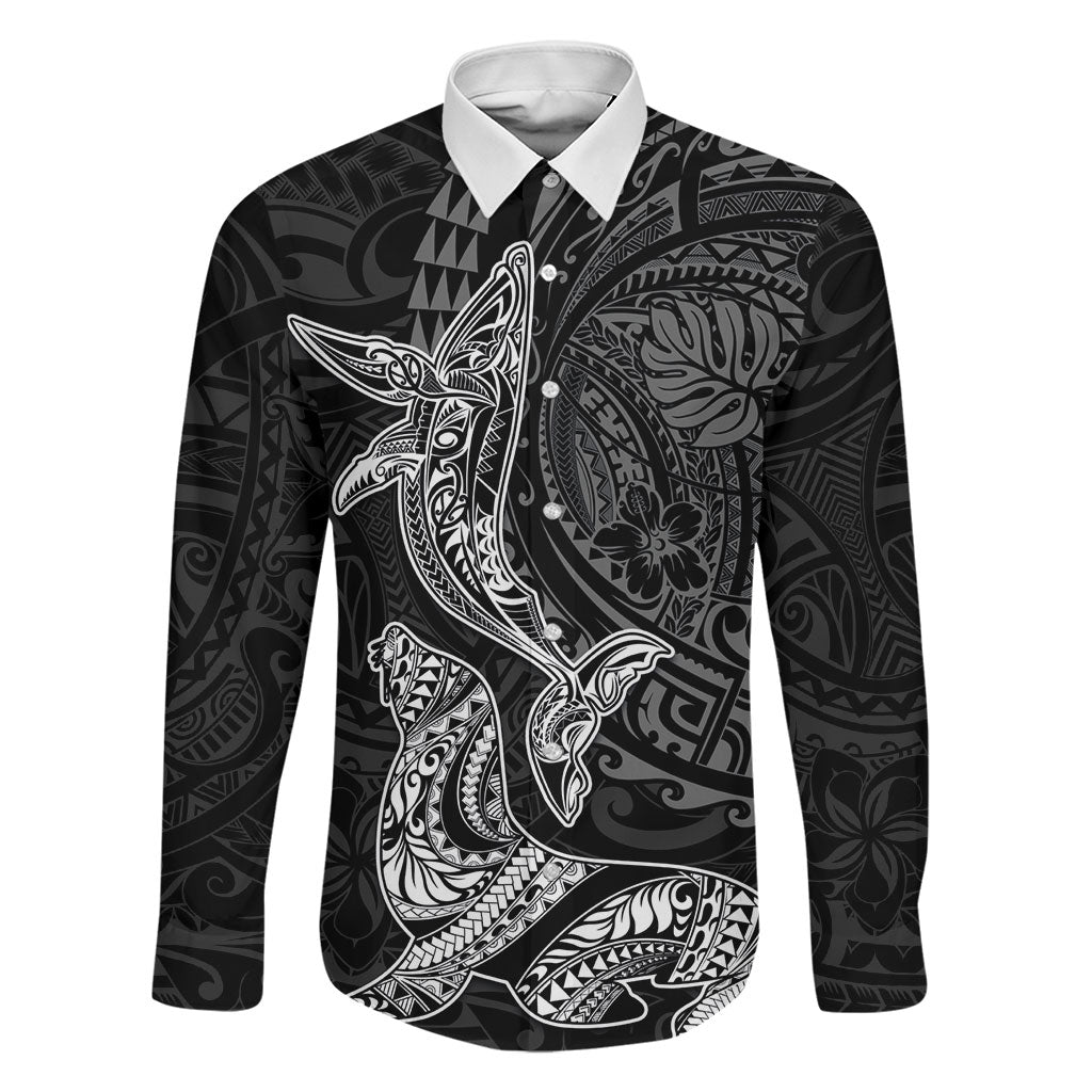 Hawaiian Monk Seal and Whale Family Matching Puletasi and Hawaiian Shirt Kakau Tribal Pattern Grayscale LT03 Dad's Shirt - Long Sleeve Black - Polynesian Pride
