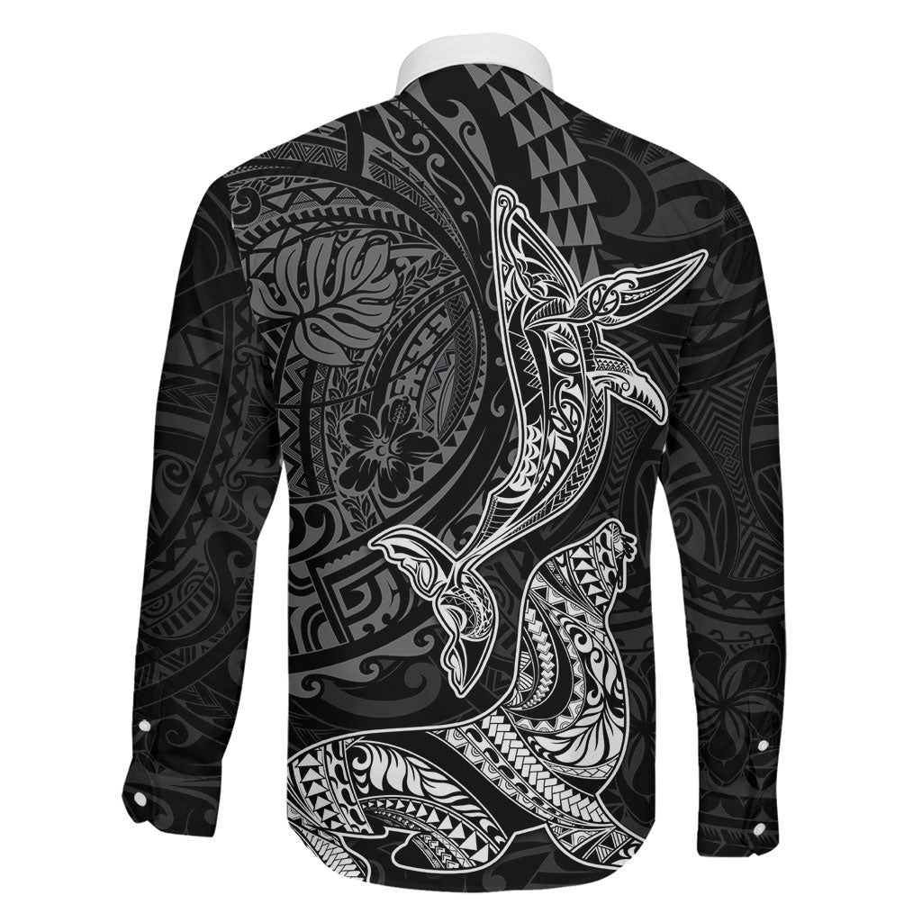 Hawaiian Monk Seal and Whale Family Matching Summer Maxi Dress and Hawaiian Shirt Kakau Tribal Pattern Grayscale LT03 - Polynesian Pride