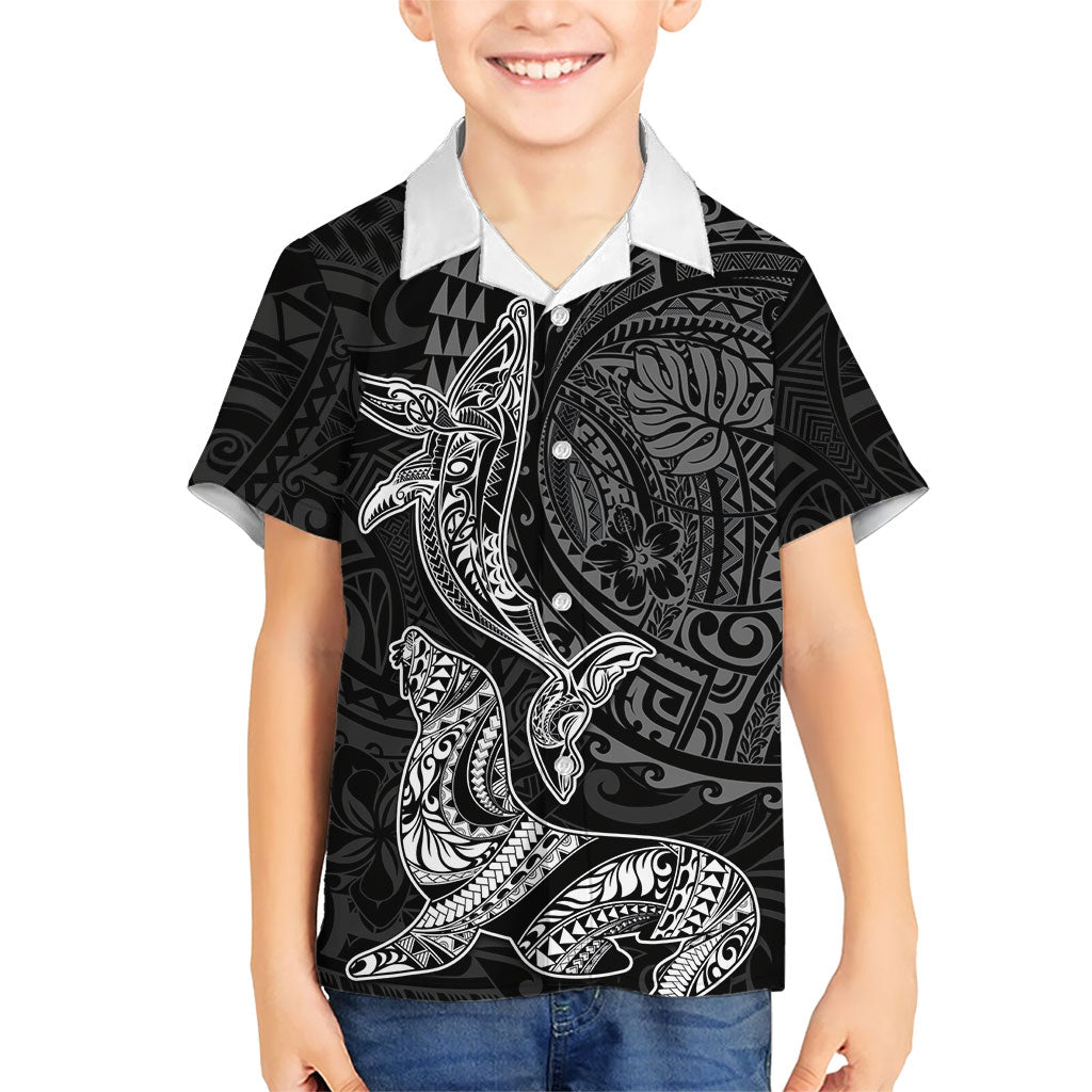 Hawaiian Monk Seal and Whale Family Matching Tank Maxi Dress and Hawaiian Shirt Kakau Tribal Pattern Grayscale LT03 Son's Shirt Black - Polynesian Pride