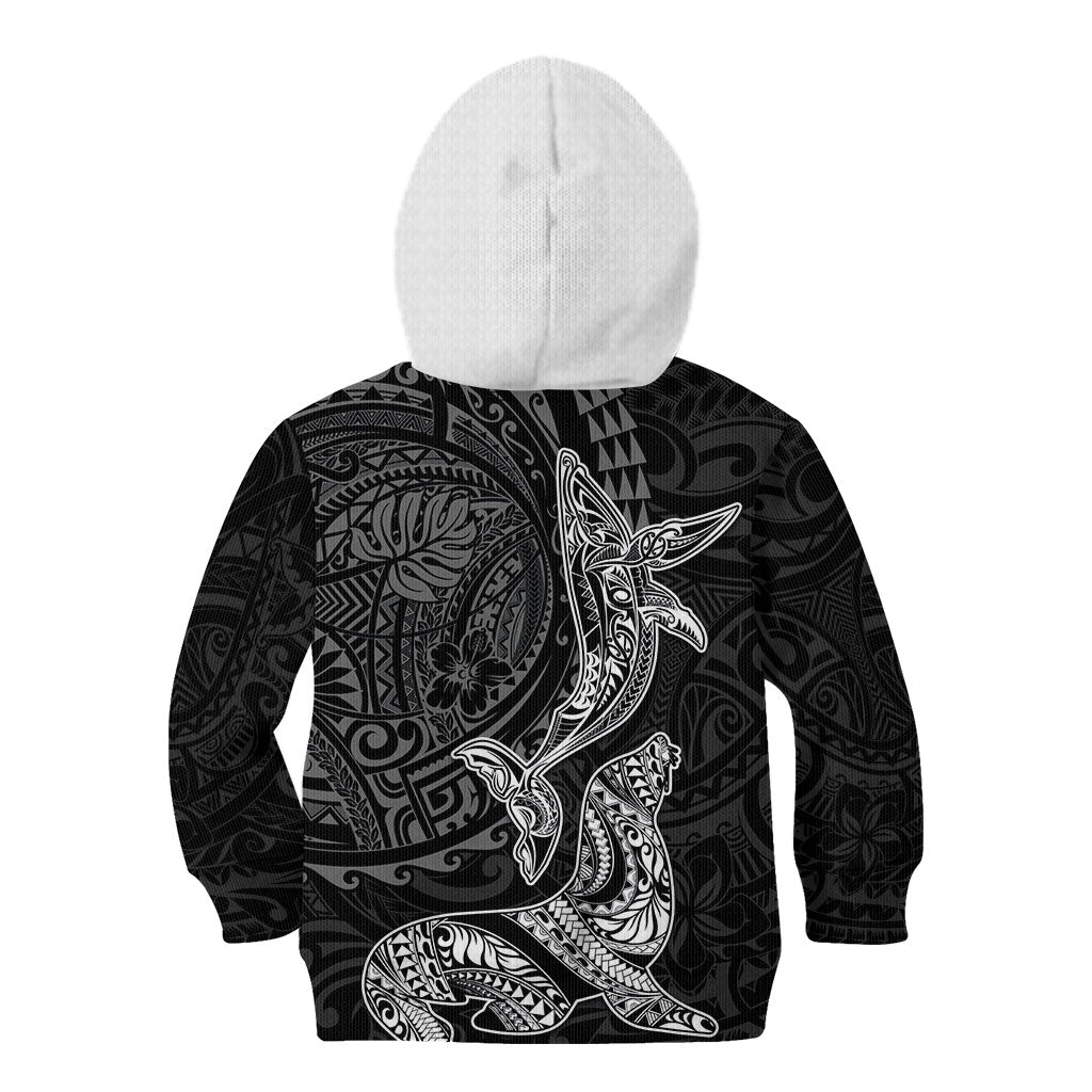 Hawaiian Monk Seal and Whale Kid Hoodie Kakau Tribal Pattern Grayscale LT03 - Polynesian Pride
