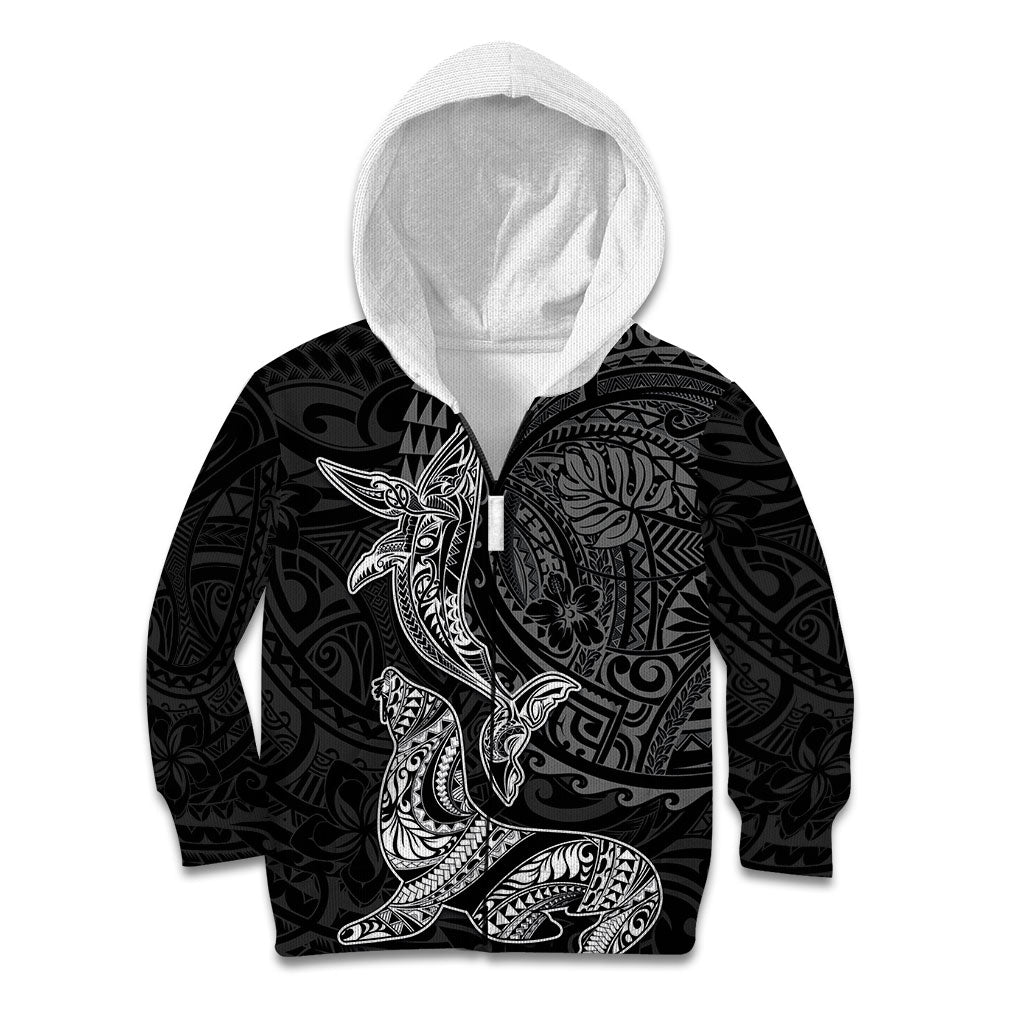 Hawaiian Monk Seal and Whale Kid Hoodie Kakau Tribal Pattern Grayscale LT03 Zip Hoodie Black - Polynesian Pride