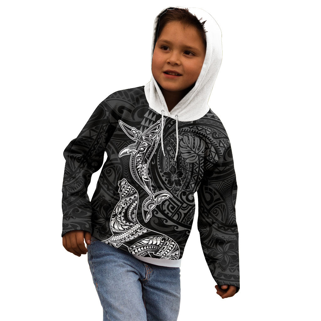 Hawaiian Monk Seal and Whale Kid Hoodie Kakau Tribal Pattern Grayscale LT03 - Polynesian Pride