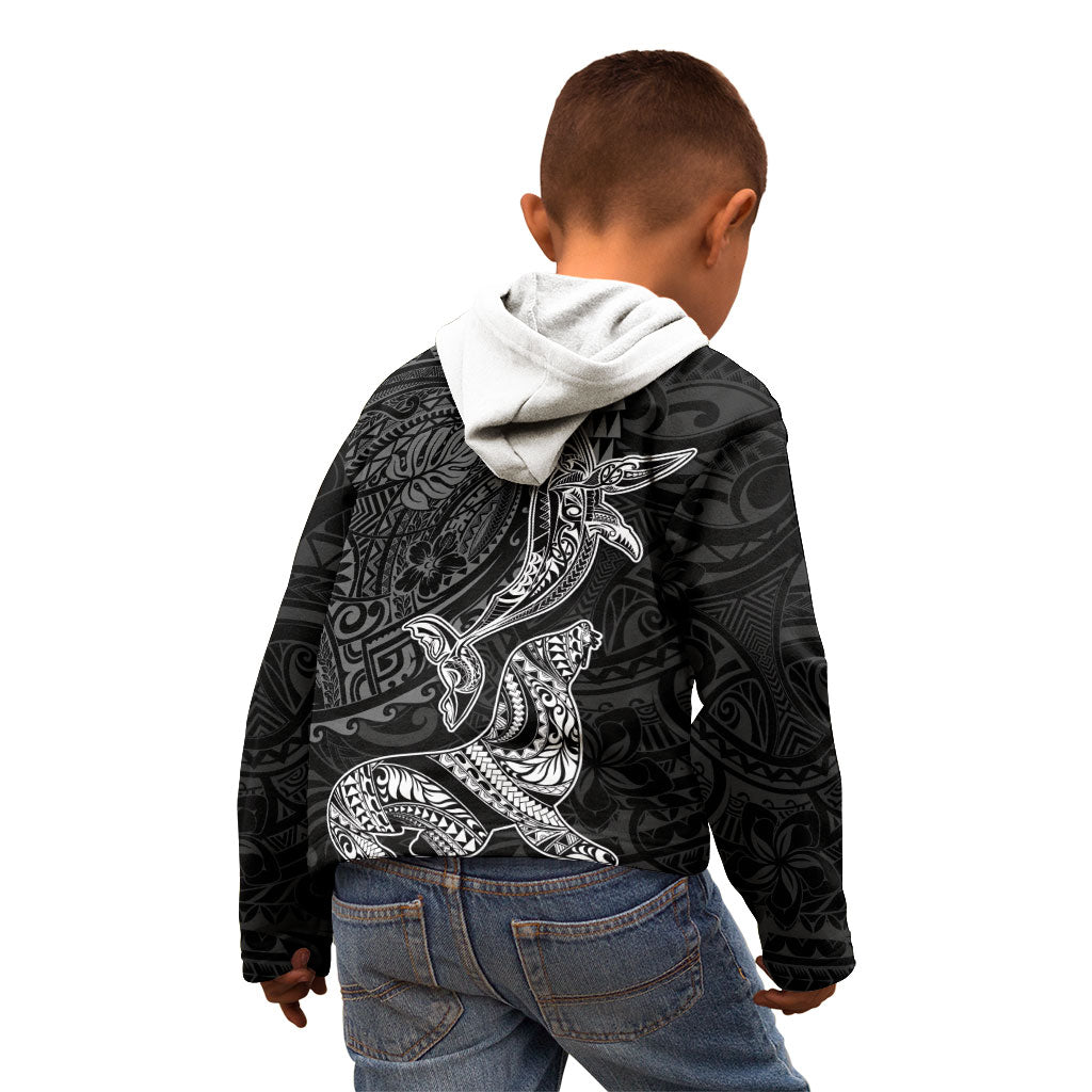 Hawaiian Monk Seal and Whale Kid Hoodie Kakau Tribal Pattern Grayscale LT03 - Polynesian Pride