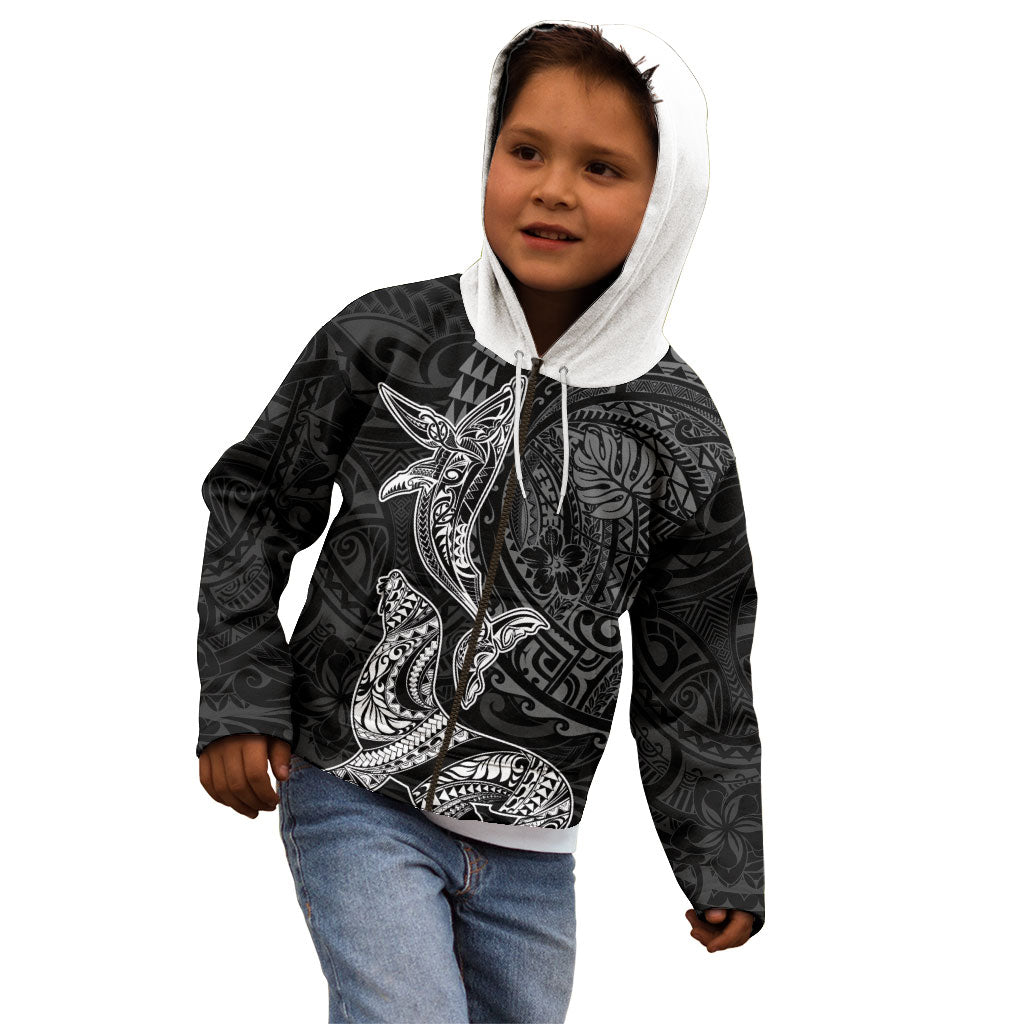 Hawaiian Monk Seal and Whale Kid Hoodie Kakau Tribal Pattern Grayscale LT03 - Polynesian Pride