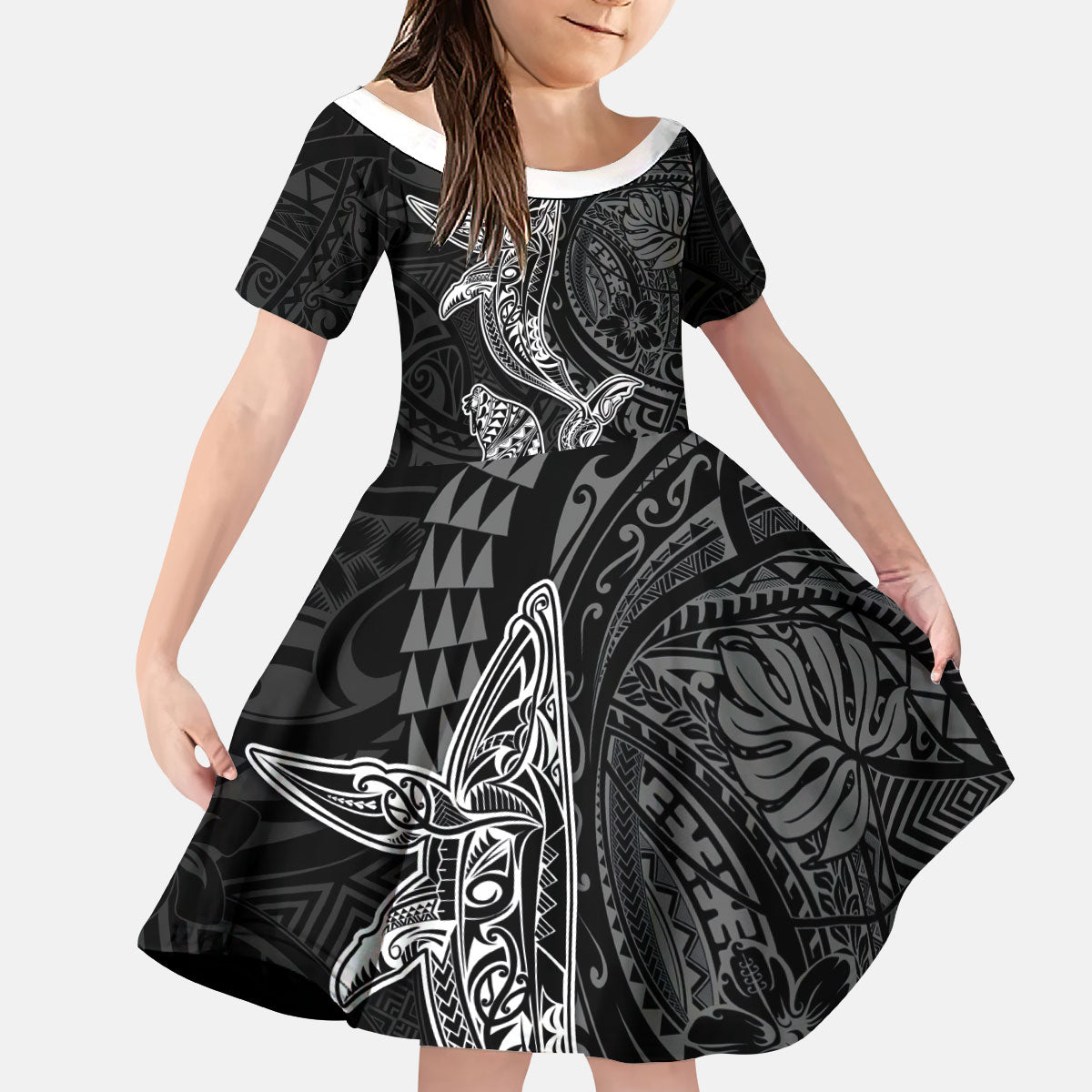 Hawaiian Monk Seal and Whale Kid Short Sleeve Dress Kakau Tribal Pattern Grayscale