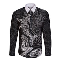 Hawaiian Monk Seal and Whale Long Sleeve Button Shirt Kakau Tribal Pattern Grayscale LT03 Unisex Black - Polynesian Pride