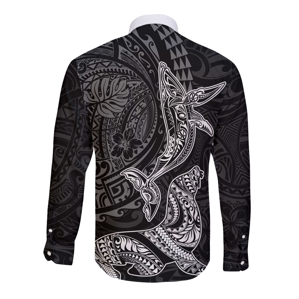 Hawaiian Monk Seal and Whale Long Sleeve Button Shirt Kakau Tribal Pattern Grayscale LT03 - Polynesian Pride