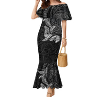 Hawaiian Monk Seal and Whale Mermaid Dress Kakau Tribal Pattern Grayscale LT03 Women Black - Polynesian Pride