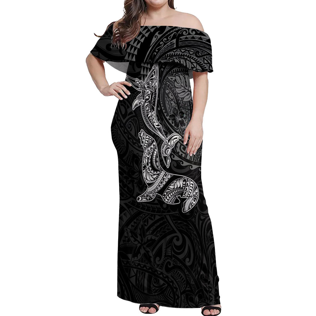 Hawaiian Monk Seal and Whale Off Shoulder Maxi Dress Kakau Tribal Pattern Grayscale LT03 Women Black - Polynesian Pride