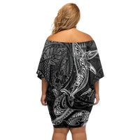 Hawaiian Monk Seal and Whale Off Shoulder Short Dress Kakau Tribal Pattern Grayscale LT03 - Polynesian Pride