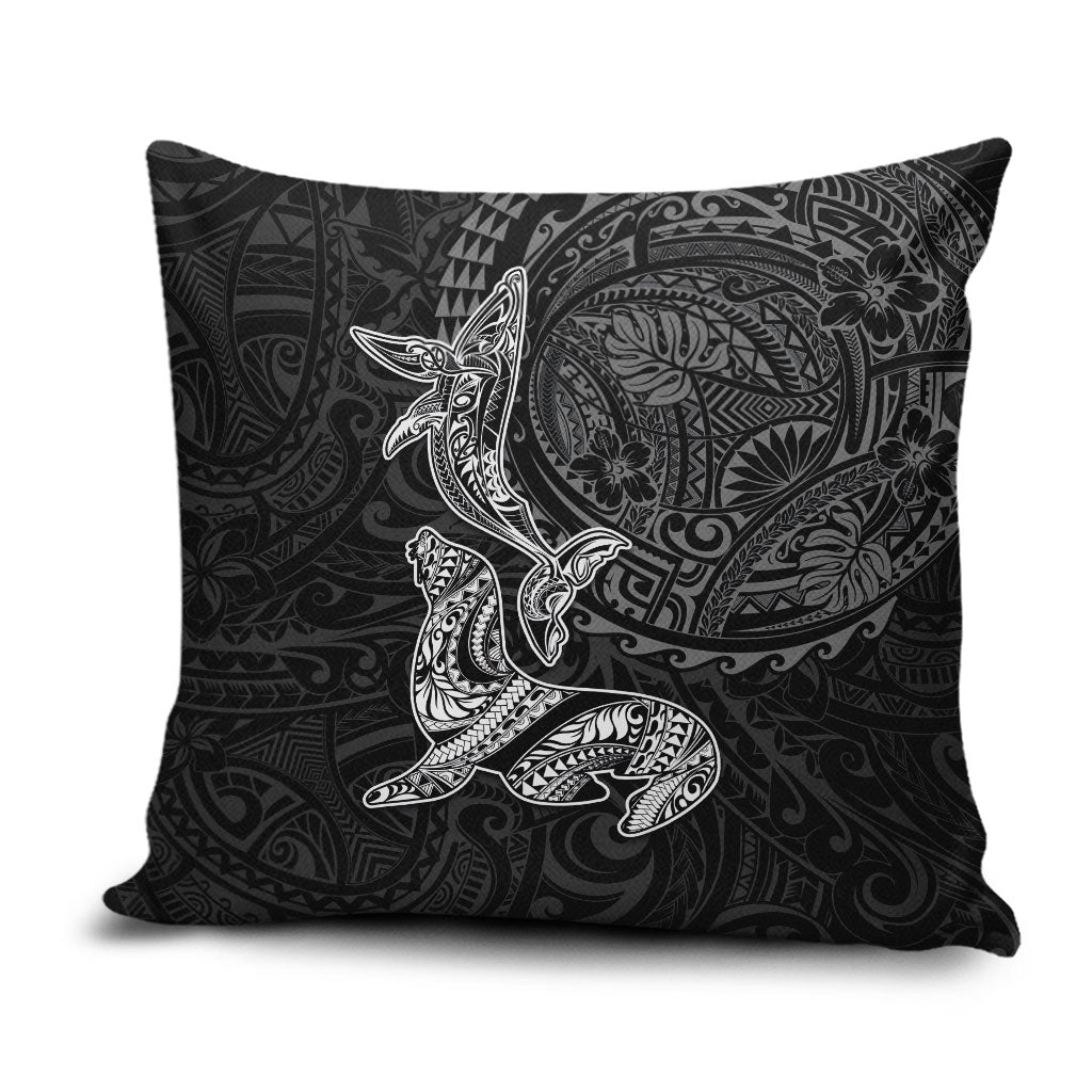 Hawaiian Monk Seal and Whale Pillow Cover Kakau Tribal Pattern Grayscale