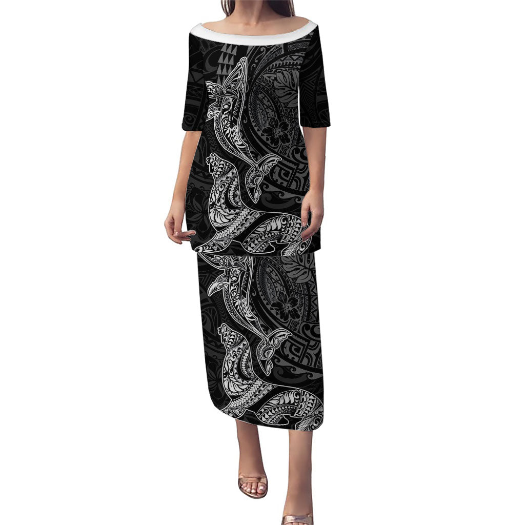 Hawaiian Monk Seal and Whale Puletasi Kakau Tribal Pattern Grayscale LT03 Long Dress Black - Polynesian Pride