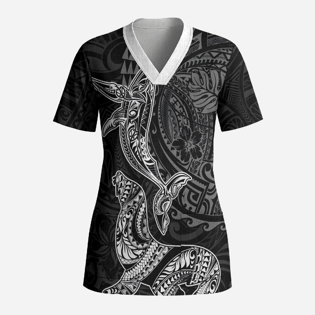 Hawaiian Monk Seal and Whale Scrub Top Kakau Tribal Pattern Grayscale LT03 Adult Black - Polynesian Pride