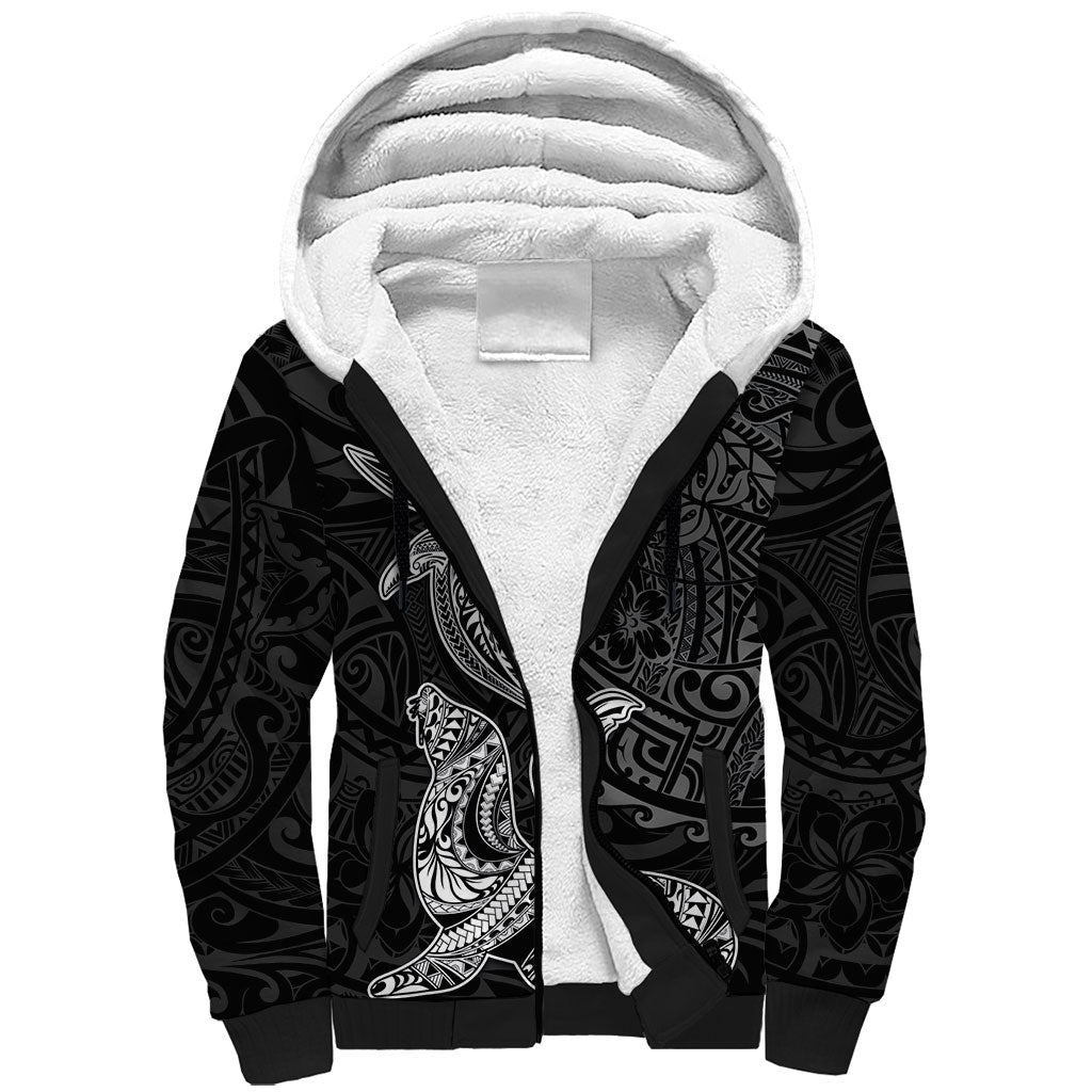 Hawaiian Monk Seal and Whale Sherpa Hoodie Kakau Tribal Pattern Grayscale