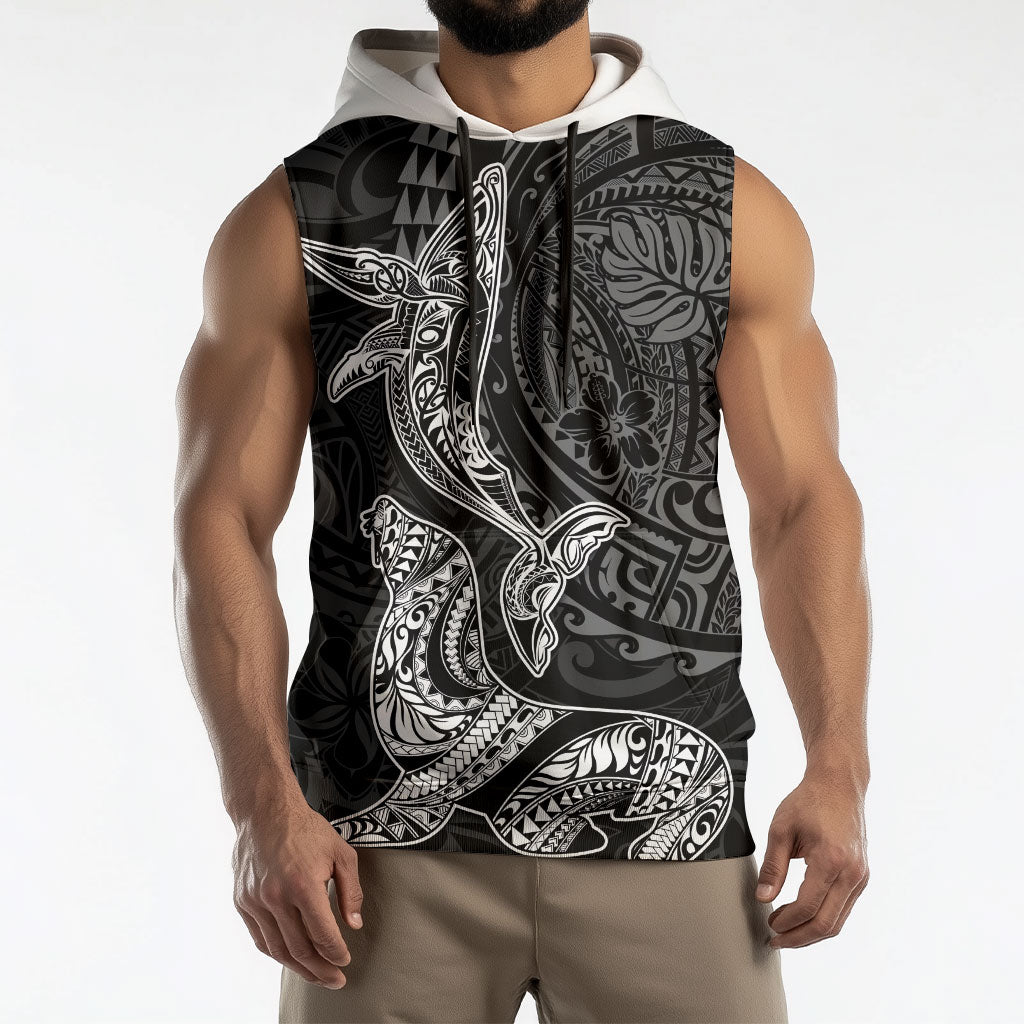 Hawaiian Monk Seal and Whale Sleeveless Hoodie Kakau Tribal Pattern Grayscale LT03 - Polynesian Pride