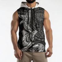 Hawaiian Monk Seal and Whale Sleeveless Zip Hoodie Kakau Tribal Pattern Grayscale LT03 - Polynesian Pride