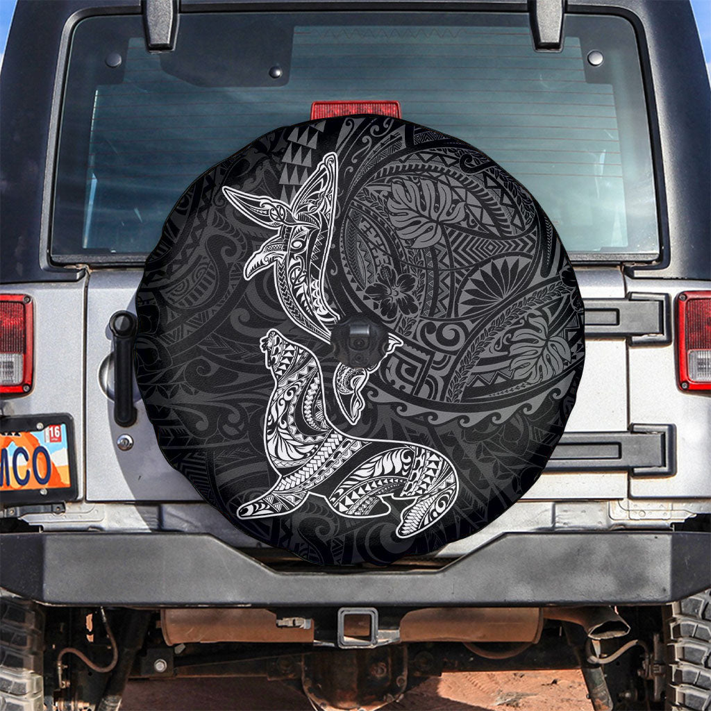 Hawaiian Monk Seal and Whale Spare Tire Cover Kakau Tribal Pattern Grayscale LT03 Black - Polynesian Pride