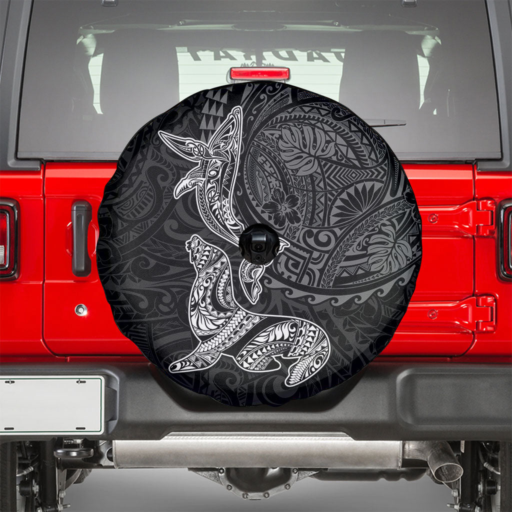 Hawaiian Monk Seal and Whale Spare Tire Cover Kakau Tribal Pattern Grayscale LT03 - Polynesian Pride