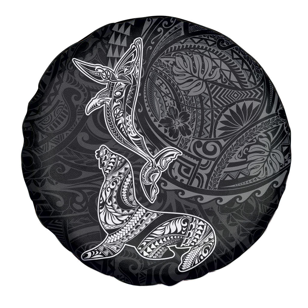 Hawaiian Monk Seal and Whale Spare Tire Cover Kakau Tribal Pattern Grayscale LT03 - Polynesian Pride