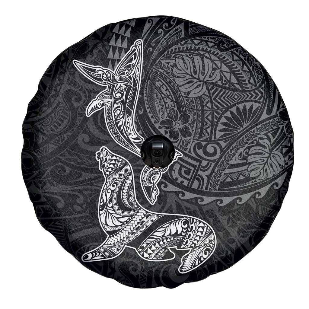 Hawaiian Monk Seal and Whale Spare Tire Cover Kakau Tribal Pattern Grayscale LT03 - Polynesian Pride
