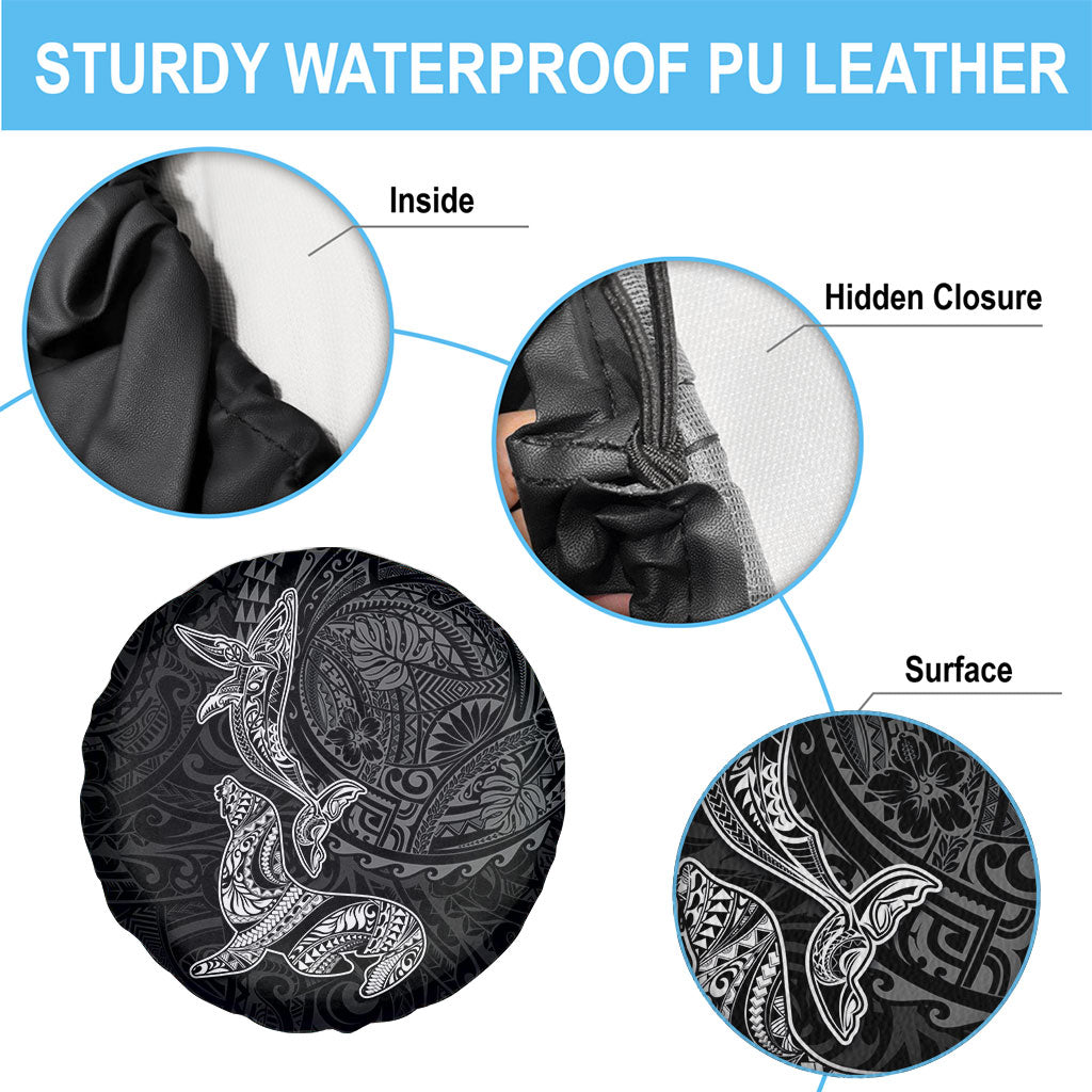 Hawaiian Monk Seal and Whale Spare Tire Cover Kakau Tribal Pattern Grayscale LT03 - Polynesian Pride