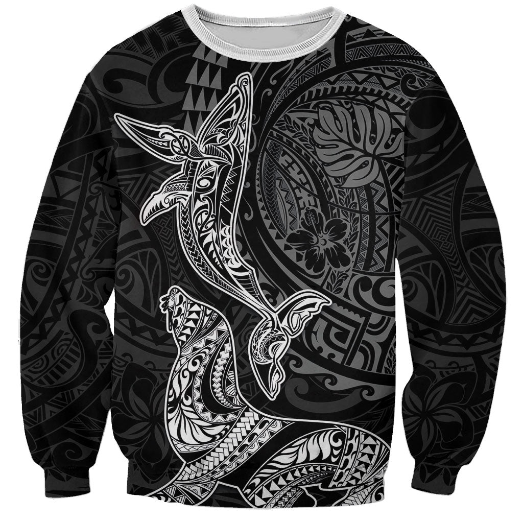 Hawaiian Monk Seal and Whale Sweatshirt Kakau Tribal Pattern Grayscale LT03 Unisex Black - Polynesian Pride