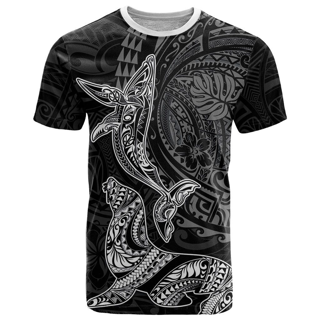 Hawaiian Monk Seal and Whale T Shirt Kakau Tribal Pattern Grayscale