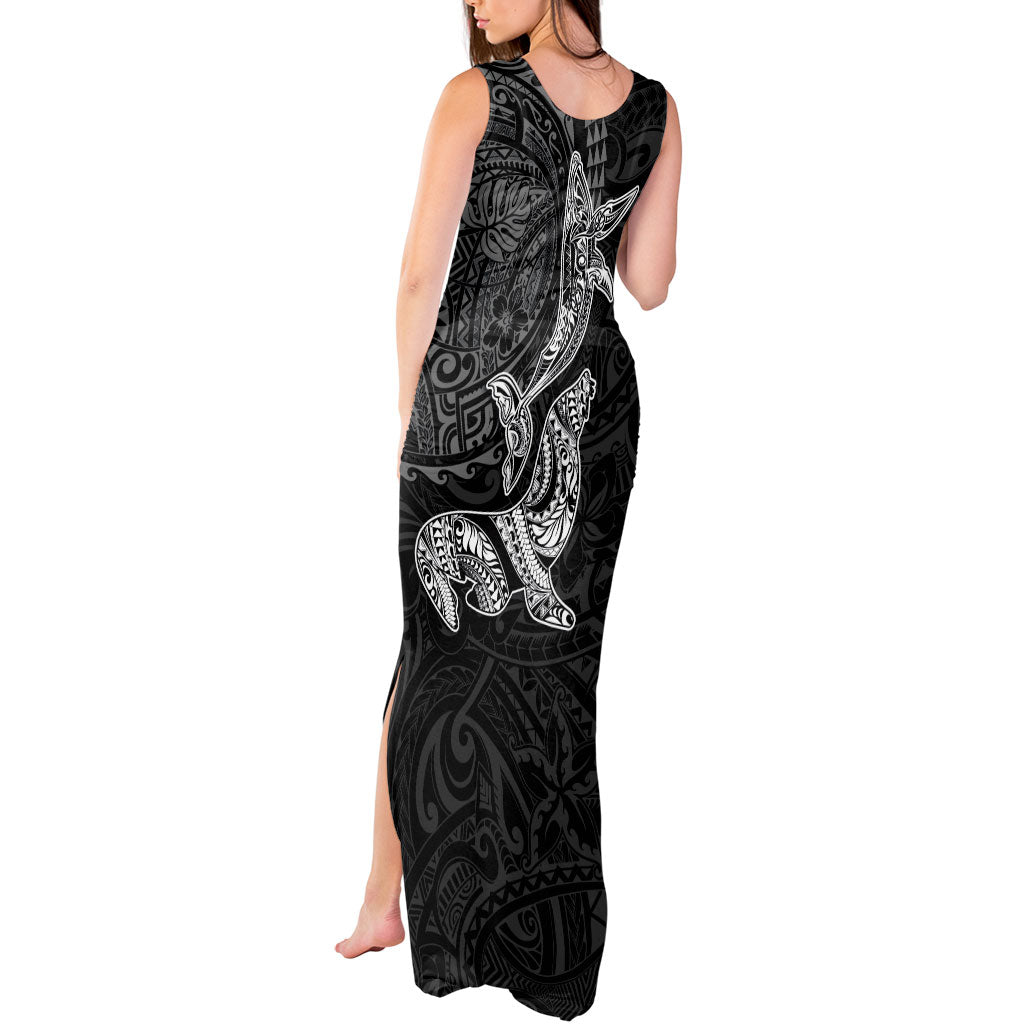Hawaiian Monk Seal and Whale Tank Maxi Dress Kakau Tribal Pattern Grayscale