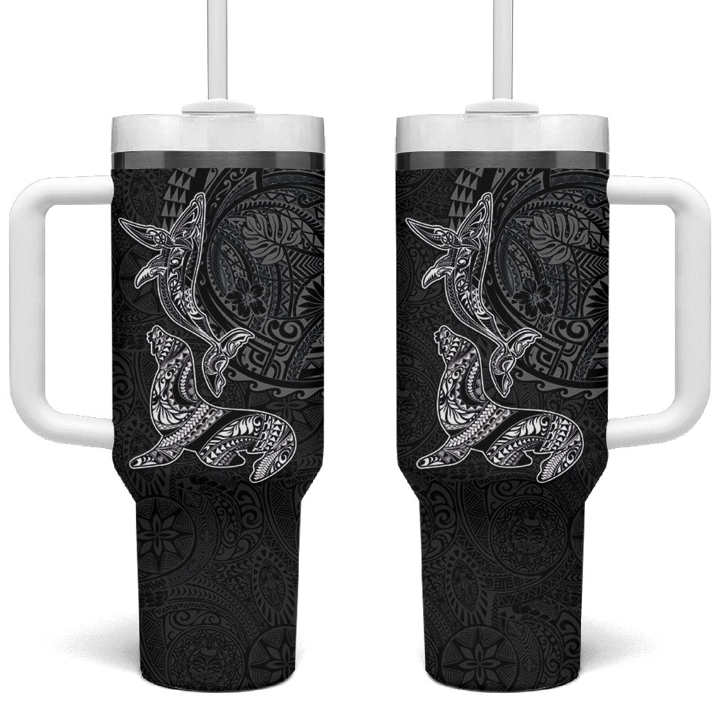 Hawaiian Monk Seal and Whale Tumbler With Handle Kakau Tribal Pattern Grayscale LT03 One Size: 40 oz Black - Polynesian Pride