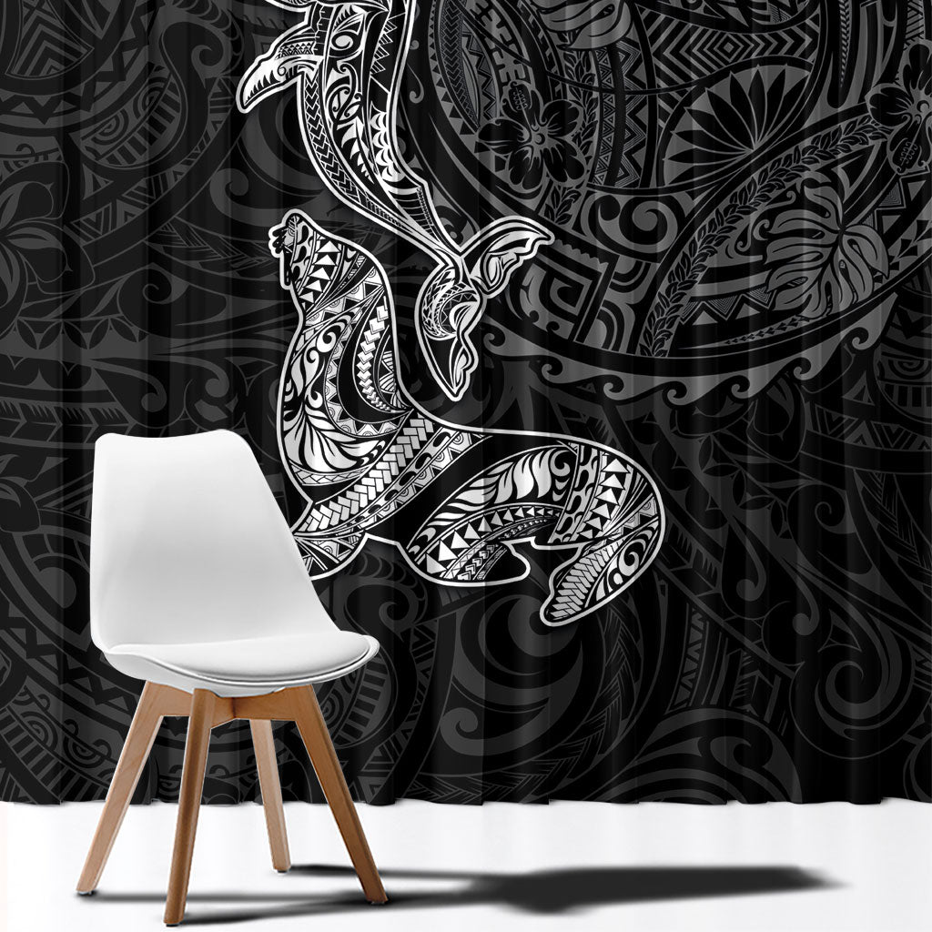 Hawaiian Monk Seal and Whale Window Curtain Kakau Tribal Pattern Grayscale LT03 - Polynesian Pride