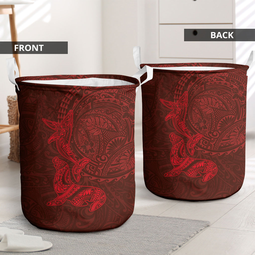 Hawaiian Monk Seal and Whale Laundry Basket Kakau Tribal Pattern Red Color LT03 - Polynesian Pride