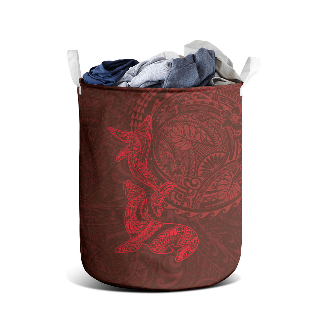 Hawaiian Monk Seal and Whale Laundry Basket Kakau Tribal Pattern Red Color LT03 - Polynesian Pride