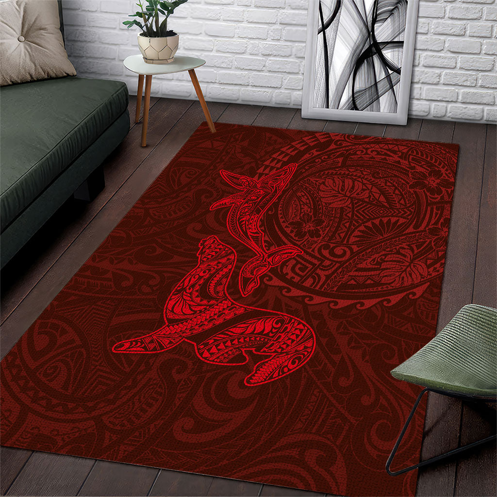Hawaiian Monk Seal and Whale Area Rug Kakau Tribal Pattern Red Color