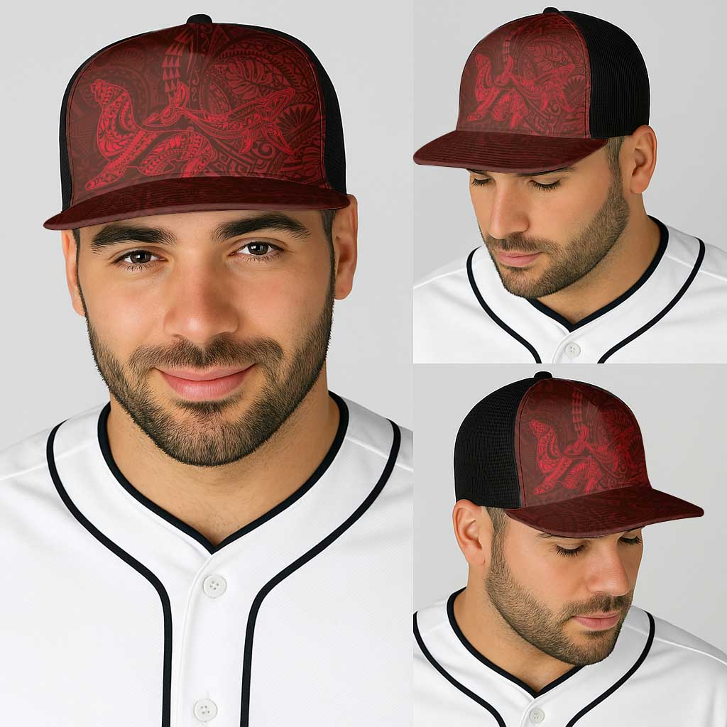 Hawaiian Monk Seal and Whale Baseball Net Cap Kakau Tribal Pattern Red Color LT03 - Polynesian Pride