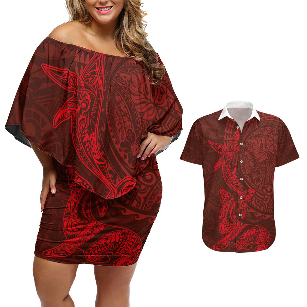 Hawaiian Monk Seal and Whale Couples Matching Off Shoulder Short Dress and Hawaiian Shirt Kakau Tribal Pattern Red Color LT03 Red - Polynesian Pride