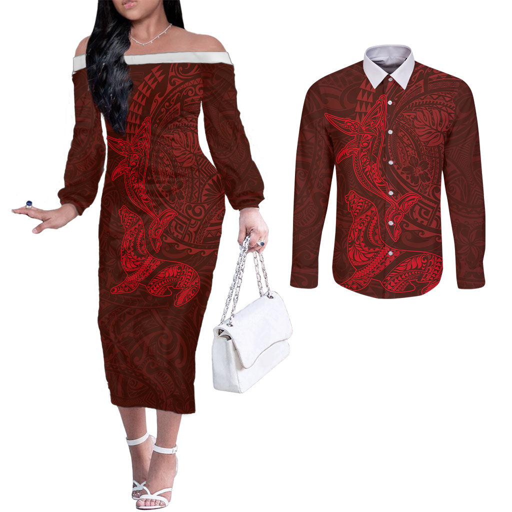 Hawaiian Monk Seal and Whale Couples Matching Off The Shoulder Long Sleeve Dress and Long Sleeve Button Shirt Kakau Tribal Pattern Red Color LT03 Red - Polynesian Pride