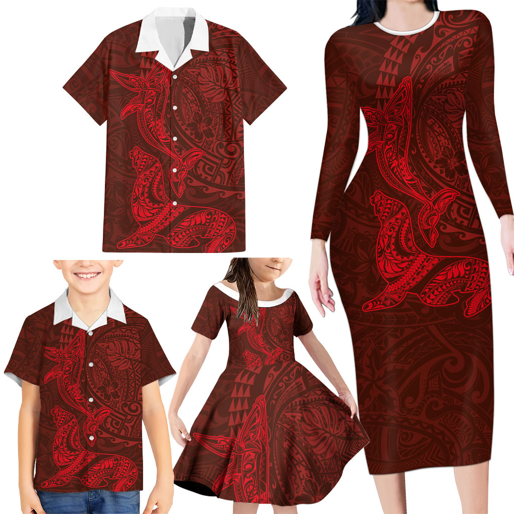 Hawaiian Monk Seal and Whale Family Matching Long Sleeve Bodycon Dress and Hawaiian Shirt Kakau Tribal Pattern Red Color LT03 - Polynesian Pride
