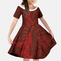 Hawaiian Monk Seal and Whale Family Matching Mermaid Dress and Hawaiian Shirt Kakau Tribal Pattern Red Color LT03 Daughter's Dress Red - Polynesian Pride
