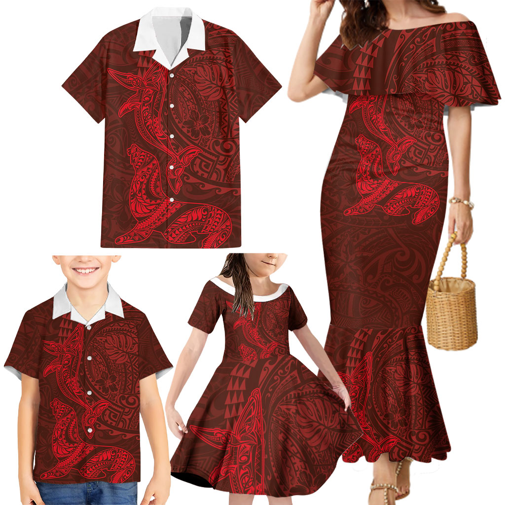 Hawaiian Monk Seal and Whale Family Matching Mermaid Dress and Hawaiian Shirt Kakau Tribal Pattern Red Color LT03 - Polynesian Pride