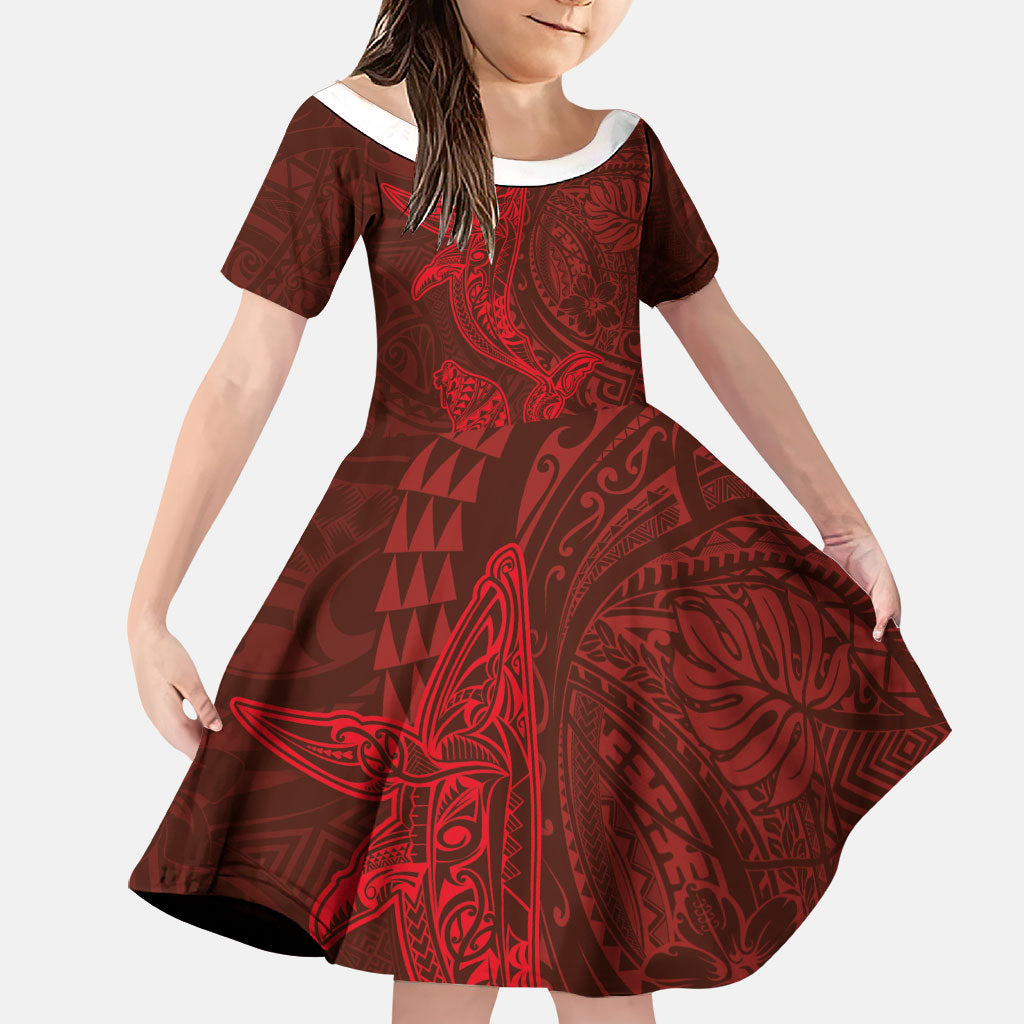 Hawaiian Monk Seal and Whale Family Matching Off The Shoulder Long Sleeve Dress and Hawaiian Shirt Kakau Tribal Pattern Red Color LT03 Daughter's Dress Red - Polynesian Pride