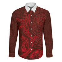 Hawaiian Monk Seal and Whale Family Matching Off Shoulder Maxi Dress and Hawaiian Shirt Kakau Tribal Pattern Red Color LT03 Dad's Shirt - Long Sleeve Red - Polynesian Pride