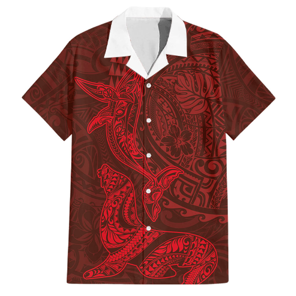 Hawaiian Monk Seal and Whale Family Matching Off Shoulder Short Dress and Hawaiian Shirt Kakau Tribal Pattern Red Color LT03 Dad's Shirt - Short Sleeve Red - Polynesian Pride
